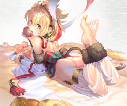 Rule 34 | 10s, 1girl, andira (granblue fantasy), animal ears, artist name, ass, bad id, bad pixiv id, barefoot, blonde hair, blurry, detached sleeves, emmmerald, feet, food, food on face, from behind, fruit, granblue fantasy, looking back, lying, monkey ears, monkey girl, monkey tail, on stomach, open mouth, peach, solo, tail, the pose, thighhighs, toes, yellow eyes