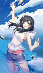 Rule 34 | 1girl, :d, amano hina (tenki no ko), arm up, bare arms, bare shoulders, black hair, blue eyes, blue shorts, blue sky, blush, boots, cloud, cloudy sky, commentary request, day, highres, hood, hood down, hoodie, long hair, looking at viewer, open mouth, out of frame, outdoors, pink shirt, ririko (zhuoyandesailaer), shirt, short shorts, shorts, sky, sleeveless, sleeveless hoodie, sleeveless shirt, smile, solo focus, tenki no ko, twintails, water drop, white footwear, white hoodie