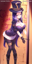 Rule 34 | 1girl, absurdres, boots, breasts, caitlyn (league of legends), cleavage, cuffs, darklux, gloves, graffiti, handcuffs, hat, highres, large breasts, league of legends, long hair, long sleeves, looking at viewer, pantyhose, purple eyes, purple hair, restrained, skirt, solo, thigh strap, thighhighs, top hat, very long hair