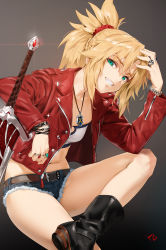 Rule 34 | 1girl, bandeau, belt, blonde hair, blush, boots, bracelet, braid, clarent (fate), commentary request, crossed legs, cutoffs, denim, denim shorts, fate/apocrypha, fate (series), green eyes, grin, hair ornament, hair scrunchie, half up braid, highres, jacket, jewelry, leather, leather jacket, long hair, long sleeves, looking at viewer, mordred (fate), mordred (fate/apocrypha), mordred (memories at trifas) (fate), navel, necklace, ponytail, red scrunchie, ring, scrunchie, shorts, sitting, smile, solo, teeth, yd (orange maru)