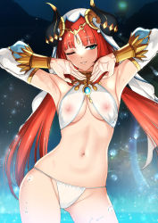 Rule 34 | 1girl, armpits, arms up, bikini, blush, breasts, brooch, circlet, contrapposto, covered erect nipples, cowboy shot, detached sleeves, floating hair, genshin impact, green eyes, grin, highres, horns, jewelry, long hair, long sleeves, looking at viewer, medium breasts, navel, neck ring, nilou (genshin impact), nipples, one eye closed, parted lips, puffy long sleeves, puffy sleeves, red hair, see-through, see-through swimsuit, smile, solo, stomach, string bikini, swimsuit, twintails, veil, water, wet, wet clothes, white bikini, xter