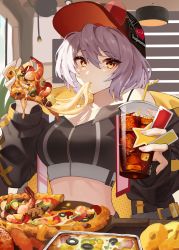 Rule 34 | 1girl, absurdres, bare shoulders, baseball cap, black jacket, black shirt, breasts, crop top, cup, disposable cup, drinking straw, eating, food, hat, highres, holding, jacket, josal, large breasts, long sleeves, looking at viewer, midriff, off shoulder, open clothes, open jacket, orange eyes, original, pizza, shirt, short hair, sleeveless, sleeveless shirt, solo, spaghetti strap, upper body, white hair