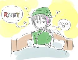 Rule 34 | 1boy, bed, commentary, drowsy, game console, hat, iesupa, lie ren, monty oum (creator), pillow, playstation symbols, rwby, sleepy, title, voice actor connection, waking up