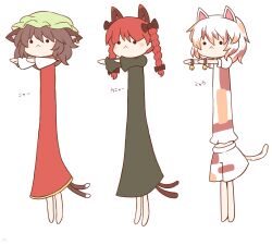 Rule 34 | 216, 3girls, :&lt;, animal ear fluff, animal ears, barefoot, bell, black bow, black dress, blush, bow, bracelet, braid, brown eyes, brown hair, cat ears, cat girl, cat tail, chen, dress, earrings, goutokuji mike, green headwear, hair bow, hat, jewelry, kaenbyou rin, long hair, longcat (meme), meme, mob cap, multicolored clothes, multicolored hair, multicolored shirt, multicolored shorts, multicolored tail, multiple girls, multiple tails, outstretched arms, red dress, red hair, short hair, shorts, signature, single earring, solid circle eyes, tail, touhou, translation request, twin braids, twintails, two tails