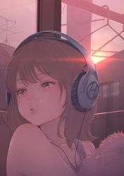 Rule 34 | 1girl, bare shoulders, brown eyes, brown hair, clothes hanger, collarbone, commentary request, grey tank top, headphones, house, indoors, looking away, looking to the side, original, parted lips, radio antenna, solo, sunset, tank top, tears, tomamatto, upper body, window