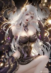 Rule 34 | 1girl, armor, armored dress, bare legs, bare shoulders, black dress, dark persona, douluo dalu, dress, hair ornament, hand on own face, highres, long hair, qian renxue (douluo dalu), qian renxue zhuye, sitting, smile, solo, white hair