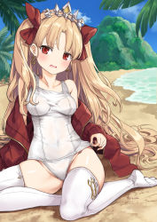 Rule 34 | 1girl, beach, blonde hair, blue sky, blush, bow, breasts, cloud, collarbone, commentary request, covered navel, day, earrings, ereshkigal (fate), fate (series), groin, hair bow, jewelry, long hair, looking at viewer, no shoes, off shoulder, one-piece swimsuit, open mouth, outdoors, palm tree, parted bangs, red bow, red eyes, ribbon, sand, school swimsuit, sitting, skindentation, sky, solo, swimsuit, thighhighs, tree, two side up, tyone, water, white one-piece swimsuit, white thighhighs