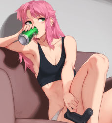 Rule 34 | 1girl, aspen (feguimel), bare arms, black sports bra, breasts, can, cleavage, coach, collarbone, controller, drinking, feguimel, game controller, gamepad, green eyes, highres, holding, holding can, holding controller, holding game controller, long hair, original, panties, pink hair, sitting, solo, sports bra, underwear, white panties