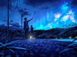 Rule 34 | 1boy, 1girl, aurora, dark, from below, highres, jacket, lake, mountain, night, o-bana, open clothes, open jacket, original, outdoors, outstretched arm, pebble, reaching, school uniform, shooting star, sky, star (sky), starry sky, utility pole