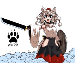 Rule 34 | 1girl, animal ear fluff, animal ears, armpits, bandaid, bandaid on face, bare shoulders, black eyes, black skirt, detached sleeves, elbow gloves, feet out of frame, fingerless gloves, formicid, gloves, groin, hair between eyes, hand up, hat, hip vent, holding, holding shield, holding sword, holding weapon, inubashiri momiji, jaggy lines, logo, long skirt, looking at viewer, medium hair, multicolored clothes, multicolored skirt, no panties, oekaki, open mouth, outstretched arm, pom pom (clothes), red hat, red skirt, ribbon-trimmed sleeves, ribbon trim, shield, shirt, skirt, sleeveless, sleeveless shirt, smile, solo, standing, sword, tail, tokin hat, touhou, weapon, white hair, white shirt, wide sleeves, wolf ears, wolf tail