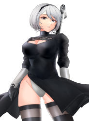 Rule 34 | 1girl, absurdres, arm behind back, black dress, black gloves, black thighhighs, blue eyes, breasts, cleavage, dress, elbow gloves, feet out of frame, from below, gloves, hairband, highres, kaicchi, katana, lips, long sleeves, looking at viewer, medium breasts, mole, mole under mouth, nier:automata, nier (series), open mouth, short hair, silver hair, solo, standing, sword, sword behind back, teeth, thighhighs, weapon, white background, 2b (nier:automata)