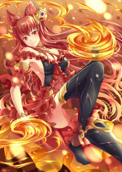 Rule 34 | 10s, 1girl, animal ears, anthuria, artist name, bare shoulders, black thighhighs, blush, breasts, cleavage, closed mouth, dress, erune, fire, granblue fantasy, hair ornament, long hair, looking at viewer, medium breasts, red dress, red eyes, red hair, sideboob, smile, solo, thighhighs, very long hair, villyane