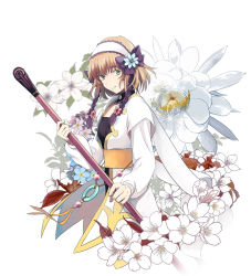 Rule 34 | 1girl, bad id, bad pixiv id, brown hair, danpoong, detached collar, floral background, flower, green eyes, hairband, jacket, leia rolando, short hair, smile, solo, staff, tales of (series), tales of xillia