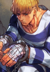 Rule 34 | 1boy, bandaged hand, bandages, blonde hair, blue eyes, capcom, chain, closed mouth, cody travers, cuffs, facial hair, final fight, hand wraps, handcuffs, hungry clicker, male focus, prison clothes, serious, sitting, solo, street fighter, stubble