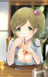 Rule 34 | 10s, 1girl, amekosame, bad id, bad twitter id, badge, blue bra, blurry, bra, bra strap, breast rest, breasts, breasts on table, brown hair, button badge, cleavage, closed mouth, collarbone, commentary request, cup, depth of field, downblouse, drinking, drinking glass, drinking straw, eyebrows, fang, fang out, green eyes, hair bobbles, hair ornament, holding, holding cup, indoors, inuyama aoi, looking at viewer, medium breasts, on chair, pov across table, short sleeves, side ponytail, sidelocks, sitting, skin fang, smile, solo, sweater, swept bangs, tagme, thick eyebrows, translation request, twintails, underwear, upper body, yurucamp