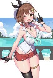 Rule 34 | 1girl, absurdres, atelier (series), atelier ryza, atelier ryza 2, bare shoulders, blush, breasts, brown eyes, brown hair, cleavage, collarbone, highres, ichi-jirushi, large breasts, looking at viewer, navel, one eye closed, open mouth, red shorts, reisalin stout, short shorts, shorts, smile, solo, thighs, v, white headwear, wink