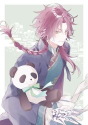 Rule 34 | 1boy, braid, closed mouth, grey background, highres, holding, holding stuffed toy, long hair, long sleeves, looking at viewer, male focus, multicolored background, orange eyes, piofiore no bansho, red hair, smile, solo, stuffed animal, stuffed panda, stuffed toy, white background, yang (piofiore no bansho), yukiralu