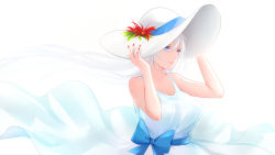Rule 34 | 1girl, azur lane, belfast (azur lane), blue bow, blue eyes, bow, breasts, cleavage, commentary, dress, flower, hat, hat flower, highres, large breasts, long hair, looking to the side, nail polish, parted lips, red nails, sash, silver hair, simple background, solo, sun hat, sundress, toki to shishin, upper body, white background, white dress, white hat