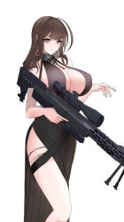 Rule 34 | 1girl, anti-materiel rifle, black dress, bolt action, breasts, brown hair, bullpup, cleavage, dress, dsr-50, dsr-50 (girls&#039; frontline), dsr-50 (highest bid) (girls&#039; frontline), girls&#039; frontline, gun, highres, holding, holding gun, holding weapon, huge breasts, long hair, looking at viewer, official alternate costume, revealing clothes, rifle, sleeveless, sleeveless dress, smile, sniper rifle, solo, swavigg, thighs, weapon