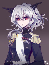 Rule 34 | 1girl, absurdres, alternate costume, arknights, belt, black coat, black neckwear, brown background, coat, dragon girl, dragon horns, gloves, highres, horns, imazawa, long sleeves, looking at viewer, medal, military, military coat, military uniform, open mouth, red eyes, short hair, silver hair, simple background, solo, talulah (arknights), uniform, white belt, white gloves