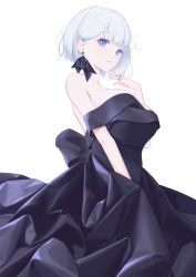 Rule 34 | 1girl, bare shoulders, black dress, blue eyes, breasts, cleavage, dress, earrings, hair ornament, hairclip, hand up, highres, jewelry, large breasts, original, ring, simple background, standing, vivid507, white background, white hair