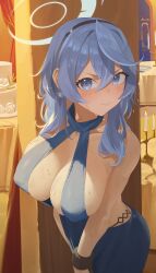 Rule 34 | 1girl, absurdres, ako (blue archive), ako (dress) (blue archive), blue archive, blue dress, blue eyes, blue hair, blush, breasts, cake, candle, candlestand, commentary, covered erect nipples, cuffs, dress, evening gown, food, hair between eyes, halo, highres, large breasts, layer cake, looking at viewer, mm (mhm2592), shackles, sideless dress, solo, sweat