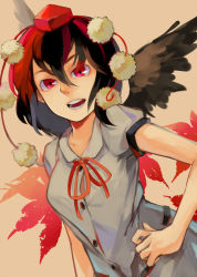 Rule 34 | 1girl, black hair, black wings, bow, brown background, buttons, face, female focus, hand on own hip, hat, kouko (thorax), leaf, looking at viewer, maple leaf, open mouth, pink eyes, pom pom (clothes), qiangzi, ribbon, shameimaru aya, short hair, short sleeves, simple background, smile, solo, tokin hat, touhou, wings