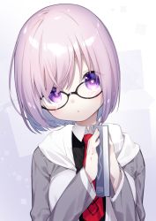 Rule 34 | 1girl, bespectacled, book, bright pupils, fate/grand order, fate (series), glasses, gradient background, grey background, holding, holding book, light purple hair, looking at viewer, mash kyrielight, necktie, purple eyes, red necktie, shirt, short hair, solo, tousaki shiina, upper body, white background