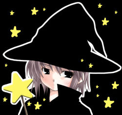 Rule 34 | 00s, 1girl, blush, cape, dark, hat, lowres, nagato yuki, short hair, solo, star (symbol), starry background, suzumiya haruhi no yuuutsu, wand, witch hat
