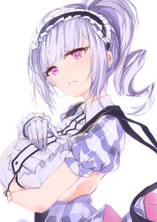 Rule 34 | 1girl, absurdres, azur lane, breast hold, breasts, center frills, dido (azur lane), dido (muse) (azur lane), frills, from side, gloves, highres, large breasts, looking at viewer, looking to the side, miniskirt, purple eyes, purple hair, purple skirt, shika (shika0), short sleeves, side ponytail, simple background, skirt, solo, underboob, white background, white gloves