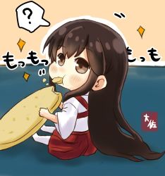 Rule 34 | 1girl, :t, akagi (kancolle), blush, brown eyes, brown hair, chibi, commentary request, eating, highres, holding, kantai collection, long hair, long sleeves, mini person, minigirl, pantyhose, pleated skirt, red skirt, sitting, skirt, solo, sparkle, taisa (kari), white pantyhose, wide sleeves
