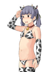 Rule 34 | 1girl, animal ears, animal print, bikini, black eyes, black ribbon, bridal gauntlets, chagamaka, commentary request, cow ears, cow horns, cow print, cowboy shot, fake animal ears, fake horns, flat chest, grey hair, hair ribbon, highres, horns, kantai collection, ooshio (kancolle), ribbon, salute, short hair, short twintails, side-tie bikini bottom, simple background, solo, standing, swimsuit, twintails, white background, white bikini