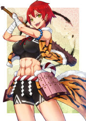 Rule 34 | 1girl, abs, bandages, bike shorts, breasts, club, club (weapon), earrings, fangs, green eyes, highres, horns, jewelry, kanabou, large breasts, looking at viewer, midriff, muscular, muscular female, oni, oni horns, original, pointy ears, red hair, rope, shide, shimenawa, short hair, smile, solo, sports bra, toned, weapon, yazaki yuuji