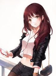 Rule 34 | 1girl, bad id, bad pixiv id, bag, black jacket, black shorts, bracelet, breasts, brown eyes, brown hair, brown pantyhose, cable, cellphone, closed mouth, cowboy shot, crop top, cropped jacket, cropped shirt, ear piercing, earphones, emyo, holding, holding phone, jacket, jewelry, legs together, long hair, long sleeves, looking at viewer, medium breasts, midriff, navel, open clothes, open jacket, original, pantyhose, phone, piercing, shirt, short shorts, shorts, shoulder bag, simple background, sitting, sleeves past elbows, smartphone, smile, solo, upper body, white background, white shirt, wrist straps