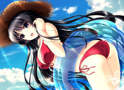 Rule 34 | 1girl, :d, akino shin, ass, bikini, black hair, blue sky, blush, bow, breasts, brown hat, butt crack, cleavage, cloud, cloudy sky, commentary request, day, dutch angle, fingernails, front-tie bikini top, front-tie top, hand up, hat, horizon, innertube, large breasts, leaning forward, long hair, nail polish, ocean, open mouth, original, outdoors, pink nails, purple eyes, red bow, side-tie bikini bottom, sky, smile, solo, sparkle, standing, straw hat, sunlight, swim ring, swimsuit, teeth, transparent, upper teeth only, very long hair, water