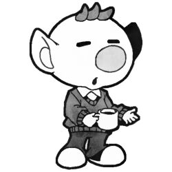 Rule 34 | 1boy, alternate costume, big nose, closed mouth, coffee, collared shirt, commentary request, cup, drink, full body, ghost-pepper, holding, holding drink, long sleeves, lowres, male focus, mug, nintendo, olimar, open mouth, outstretched hand, pants, pikmin (series), pointy ears, shirt, short hair, simple background, slippers, solo, sweater, v-neck, very short hair, white background