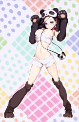 Rule 34 | alternate costume, animal collar, animal hands, bag, between breasts, blush stickers, boots, breasts, carrying, cleavage, collar, full body, gloves, handbag, highres, looking at viewer, medium breasts, multicolored background, navel, panda hat, paw gloves, paw shoes, saki (manga), shirt, short shorts, shorts, solo, standing, strapless, thigh boots, thighhighs, tube top, ueshige suzu, w arms, white shirt, white shorts, yaku yojino
