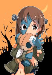 Rule 34 | 1girl, absurdres, bandages, barashiya, bare tree, bat (animal), black shirt, blue nails, blue skin, boko (girls und panzer), brown eyes, brown hair, brown jacket, claw pose, colored skin, commentary, crescent moon, girls und panzer, graveyard, halloween, halloween costume, highres, holding, holding stuffed toy, jacket, long sleeves, looking at viewer, moon, nail polish, navel, nishizumi miho, object through head, open clothes, open jacket, orange background, orange nails, outline, patchwork skin, screw, screw in head, shirt, short hair, solo, stuffed animal, stuffed toy, teddy bear, torn clothes, torn jacket, torn shirt, tree, upper body, white outline
