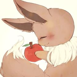 Rule 34 | animal focus, apple, bad id, bad pixiv id, banchiku, blush, closed mouth, creatures (company), eevee, closed eyes, fluffy, food, from side, fruit, game freak, gen 1 pokemon, happy, holding, holding food, jpeg artifacts, nintendo, no humans, nose blush, pokemon, pokemon (creature), profile, simple background, smile, solo, yellow background