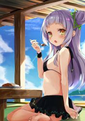Rule 34 | 1girl, absurdres, bare shoulders, barefoot, beach, bikini, bikini top only, black bikini, black skirt, blunt bangs, blush, breasts, choker, cloud, cone hair bun, food, food on face, from side, full body, green eyes, hair bun, hair ornament, hand up, highres, holding, holding spoon, hololive, long hair, looking at viewer, looking to the side, murasaki shion, murasaki shion (hololive summer 2019), open mouth, pillar, plate, pleated skirt, purple hair, sideboob, sidelocks, single hair bun, single side bun, sitting, skirt, sky, small breasts, solo, spoon, stomach, swimsuit, table, thighs, toshizou (0714), virtual youtuber, water, wristband