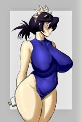 Rule 34 | 1girl, alternate costume, alternate hairstyle, black hair, blush, breasts, covered erect nipples, covered navel, filia (skullgirls), grey background, highres, large breasts, lotion, one eye closed, ponytail, red eyes, skullgirls, solo, sunscreen, thick thighs, thighs, tillshitposting, wide hips