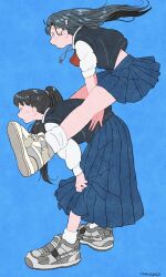 Rule 34 | 2girls, arched back, artist name, black eyes, black hair, black vest, blue background, blue skirt, commentary, from side, full body, grey footwear, hair ornament, hair tie, hairclip, hand on another&#039;s back, highres, jewelry, long hair, long skirt, looking ahead, loose socks, midair, midriff peek, mole, multicolored footwear, multiple girls, necklace, onoconokoko0625, open mouth, original, paper texture, pleated shirt, retro artstyle, school uniform, shirt, shoe soles, shoes, skirt, skirt hold, socks, vest, white footwear, white shirt