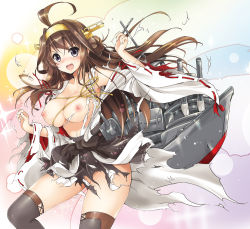 Rule 34 | &gt;:d, 10s, 1girl, :d, ahoge, akina tsukako, bare shoulders, black thighhighs, blush, boots, breasts, brown hair, detached sleeves, double bun, hair bun, hair ornament, hairband, headgear, heart, japanese clothes, kantai collection, kongou (kancolle), large breasts, long hair, mecha musume, miniskirt, nipples, nontraditional miko, open mouth, ribbon-trimmed sleeves, ribbon trim, shiny skin, skindentation, skirt, smile, solo, tears, thigh boots, thighhighs, torn clothes, v-shaped eyebrows, wide sleeves