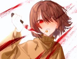 Rule 34 | 1girl, blood, brown hair, chara (undertale), choco rabbitt, heart, heart necklace, highres, holding, holding knife, jewelry, knife, looking at viewer, necklace, shirt, short hair, simple background, smile, undertale