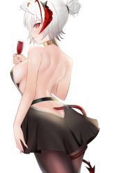 Rule 34 | 1girl, absurdres, arknights, bare back, bare shoulders, black dress, black pantyhose, blush, breasts, closed mouth, cup, demon horns, demon tail, dress, drinking glass, feet out of frame, hair between eyes, hair bun, hair ornament, hairclip, highres, holding, holding cup, horns, looking to the side, medium breasts, nail polish, niuwajun, orange eyes, pantyhose, red nails, short hair, sideboob, silver hair, single hair bun, solo, standing, tail, w (arknights), white background, wine glass
