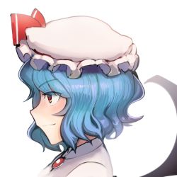 Rule 34 | 1girl, bat wings, blue hair, boa (brianoa), bow, closed mouth, collared shirt, hair ornament, hat, hat bow, highres, jewelry, mob cap, necklace, portrait, profile, red bow, red eyes, remilia scarlet, shirt, short hair, sideways mouth, simple background, slit pupils, smile, solo, touhou, white background, white hat, white shirt, wings