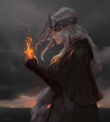 Rule 34 | 1girl, artist name, braid, breasts, brown capelet, brown gloves, capelet, cloak, cloud, cloudy sky, commentary request, covered eyes, dark souls (series), dark souls iii, elbow gloves, fire, fire keeper, fire, gloves, grey hair, hand up, holding flame, jiro (ninetysix), long braid, long hair, medium breasts, outdoors, parted lips, profile, shiny skin, signature, sky, solo