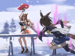 Rule 34 | 2girls, ^ ^, air groove (umamusume), animal ears, bikini, black bikini, black shirt, blue skirt, boots, bracelet, breasts, brown hair, cleavage, closed eyes, feather fan, highres, horse ears, horse girl, horse tail, jewelry, long hair, looking at another, maruzensky (blasting off summer night) (umamusume), maruzensky (umamusume), miniskirt, motion blur, multiple girls, navel, open mouth, outdoors, pendant, ponytail, ppiyong (vveveet), running, sandals, shirt, short hair, skirt, small breasts, snow, swimsuit, tail, thigh strap, umamusume, wedge heels