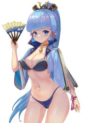 Rule 34 | 1girl, ayaka (genshin impact), blue eyes, blue hair, blunt bangs, bow, breasts, cleavage, collarbone, commentary request, folding fan, genshin impact, hair bow, hair ornament, hair ribbon, hand fan, highres, holding, holding fan, long hair, looking at viewer, mg42cat-k1ng, midriff, mole, mole under eye, navel, ponytail, ribbon, sidelocks, simple background, smile, solo, tress ribbon, white background