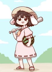 Rule 34 | 1girl, animal ears, bandaid, bandaid on knee, bandaid on leg, baseball bat, brown eyes, brown hair, bush, carrot necklace, carrying, carrying over shoulder, carrying under arm, cloud, dress, food, fruit, full body, holding, holding food, holding fruit, inaba tewi, jewelry, metal baseball bat, necklace, open mouth, outdoors, pink dress, poronegi, puffy short sleeves, puffy sleeves, rabbit ears, shadow, short hair, short sleeves, slippers, solo, standing, touhou, watermelon